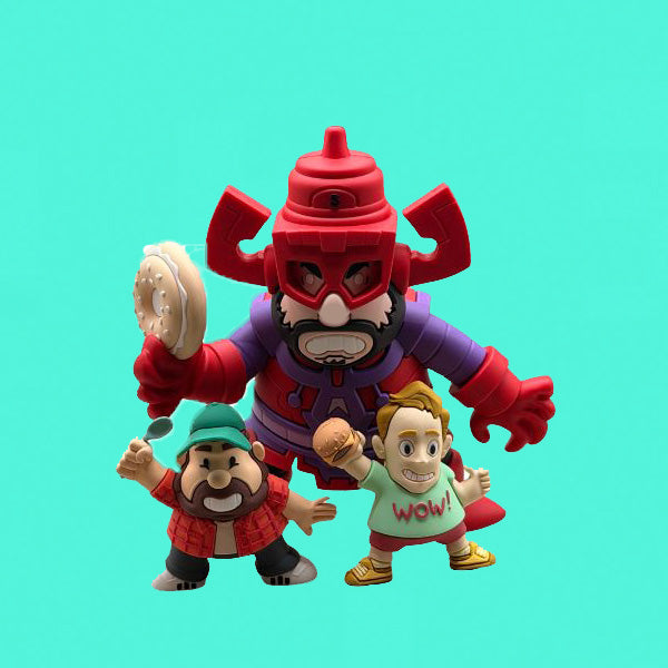 Toy figure of a large red character with two smaller characters on a teal background