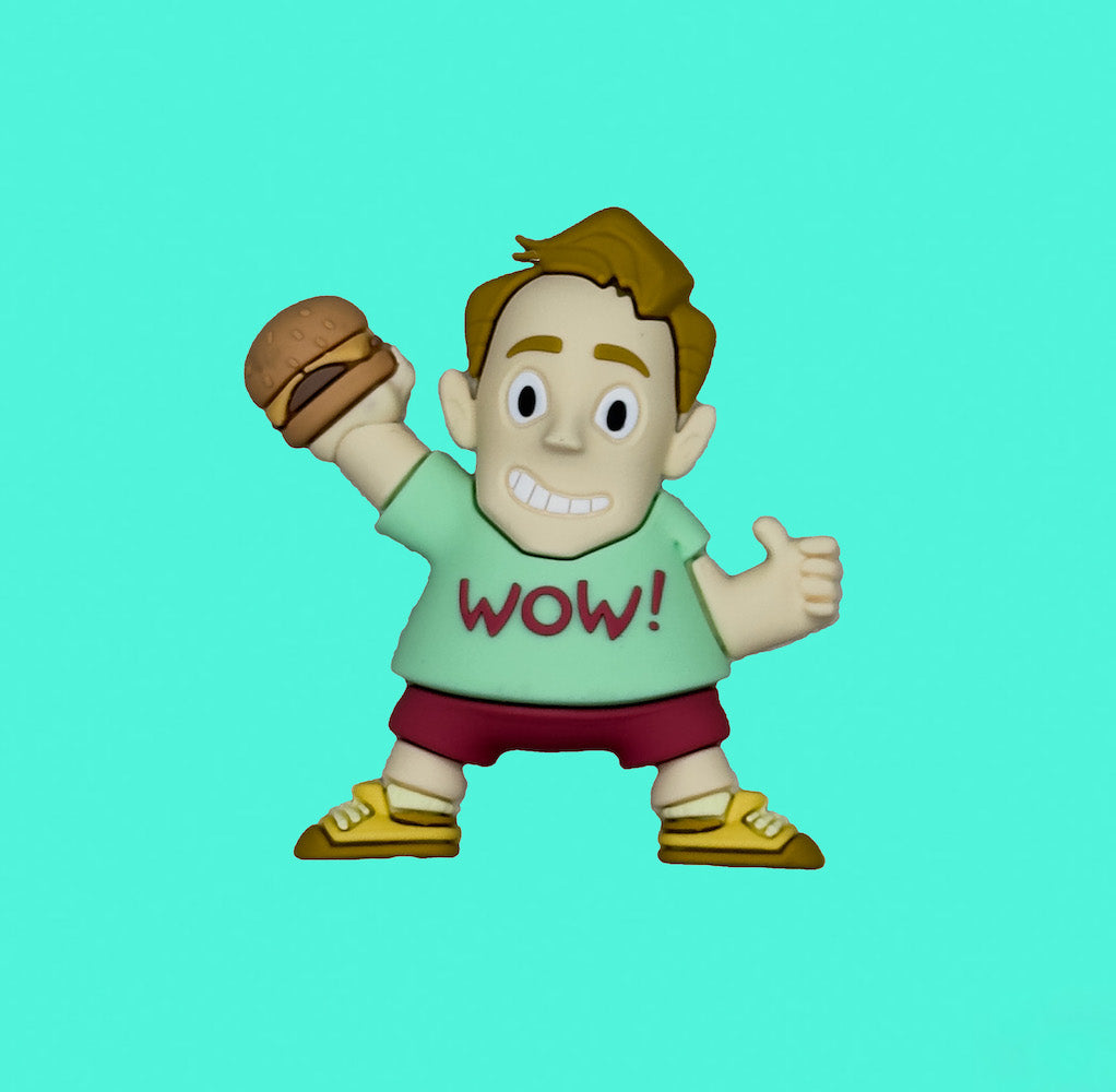 Cartoon character figurine with a hamburger and 'WOW!' shirt on a teal background